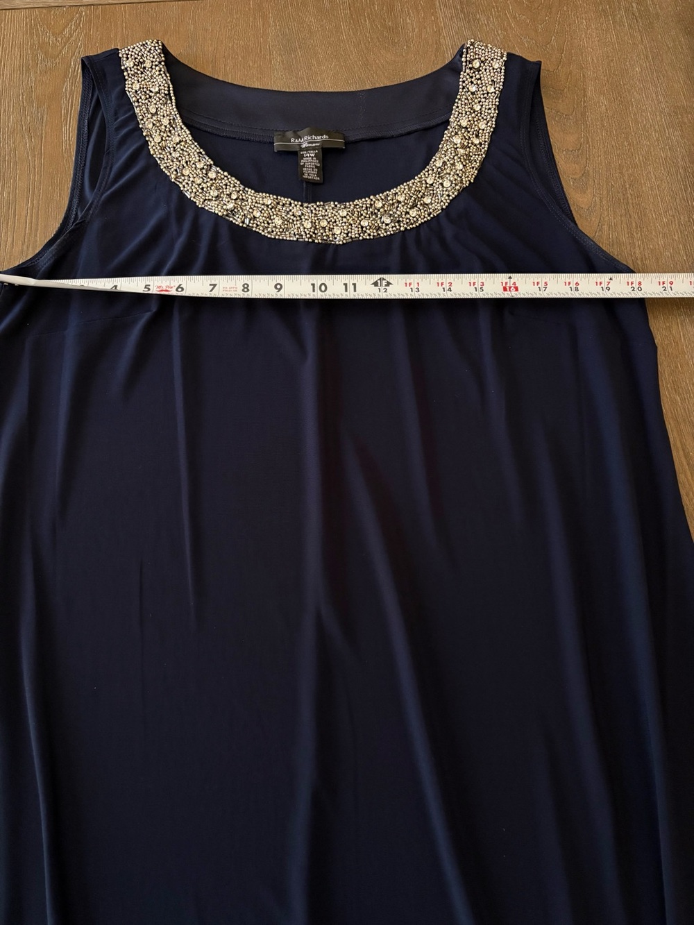 Elegant R&M Richards Navy 2 Piece Dress with Beaded & Rhinestone Jewel Neckline - Picture 12 of 16